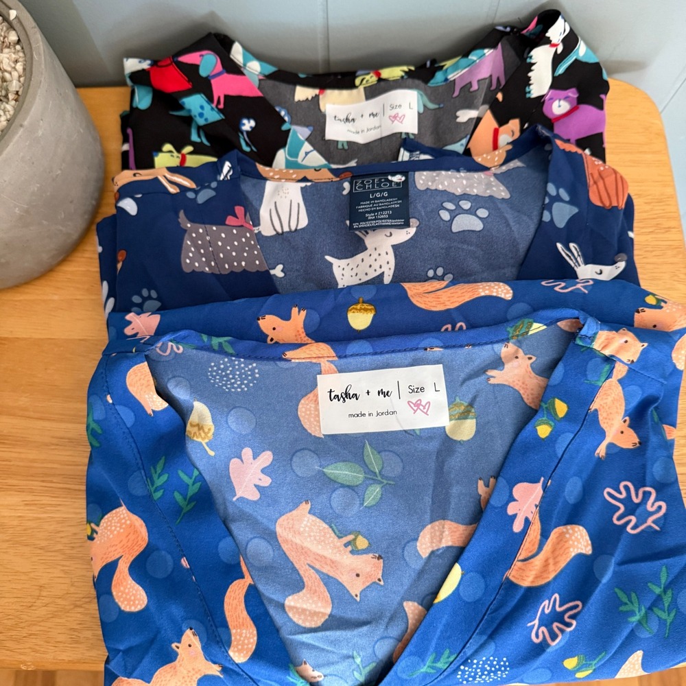 Lot of 3 Womens Scrub Tops Large Tasha + Me Zoe Chloe Dog Squirrel Print Nurse